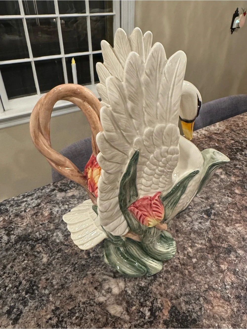 Fitz and Floyd 1995 White Swan Ceramic Pitcher with Multicolor Floral Accents
